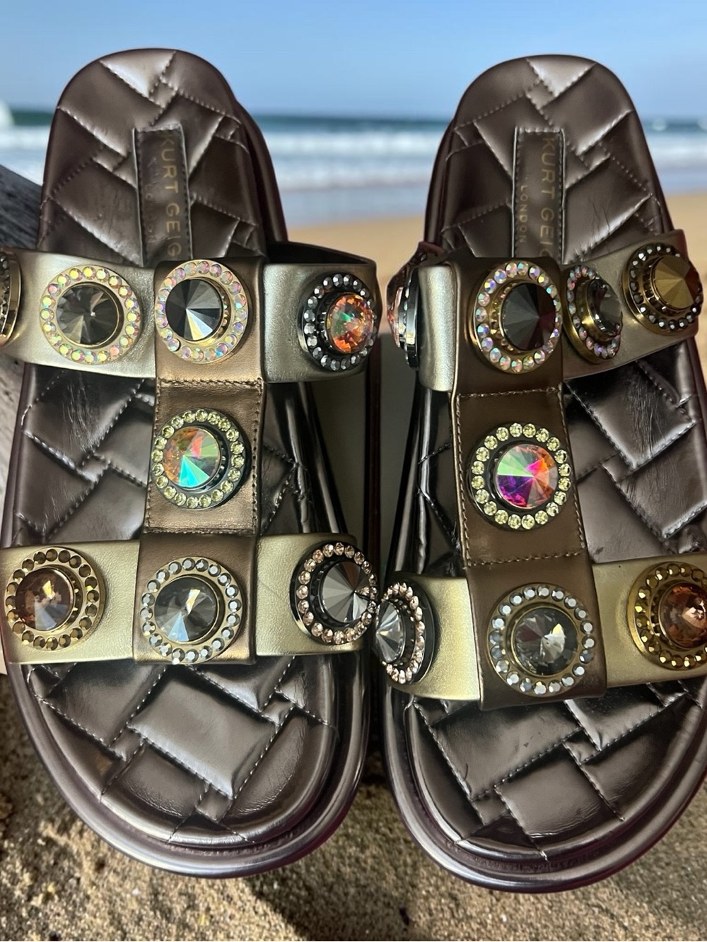 Kurt Geiger Metallic Jeweled Slide Sandals - Bronze
